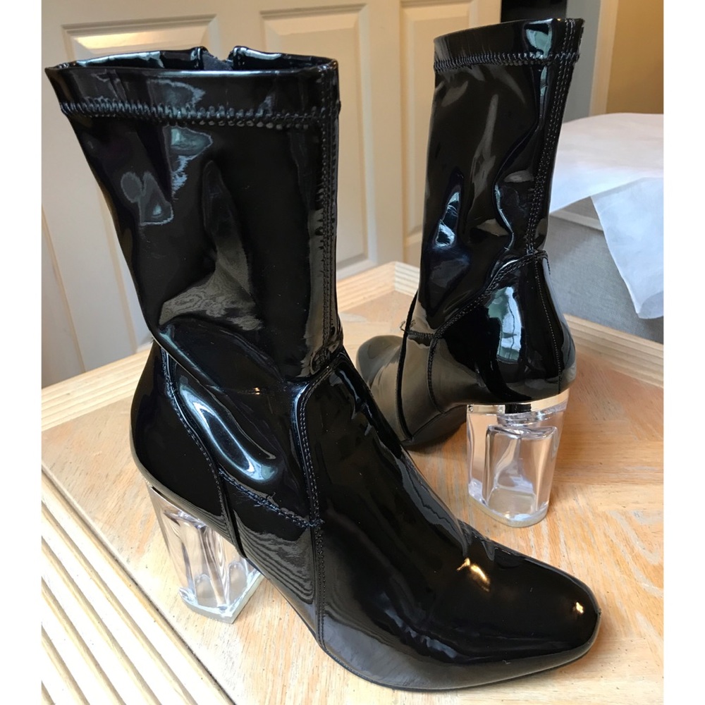 Dolls Kill black patent leather lucite heel bootie